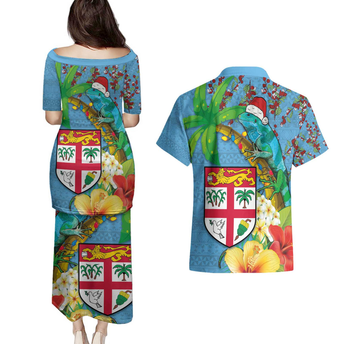 Fijians Iguana Tagimoucia Christmas Couples Matching Puletasi and Hawaiian Shirt Christmas Palm Tree and Hibiscus LT03 - Polynesian Pride