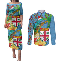 Fijians Iguana Tagimoucia Christmas Couples Matching Puletasi and Long Sleeve Button Shirt Christmas Palm Tree and Hibiscus LT03 Blue - Polynesian Pride