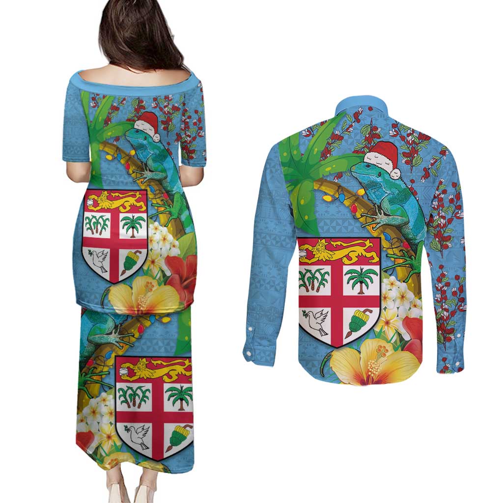 Fijians Iguana Tagimoucia Christmas Couples Matching Puletasi and Long Sleeve Button Shirt Christmas Palm Tree and Hibiscus LT03 - Polynesian Pride