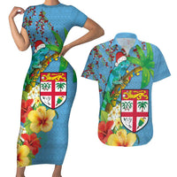 Fijians Iguana Tagimoucia Christmas Couples Matching Short Sleeve Bodycon Dress and Hawaiian Shirt Christmas Palm Tree and Hibiscus LT03 Blue - Polynesian Pride