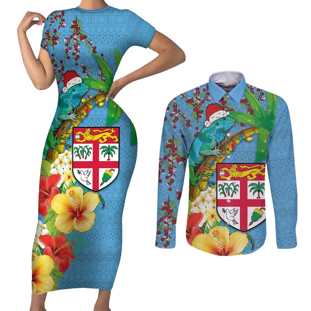 Fijians Iguana Tagimoucia Christmas Couples Matching Short Sleeve Bodycon Dress and Long Sleeve Button Shirt Christmas Palm Tree and Hibiscus LT03 Blue - Polynesian Pride