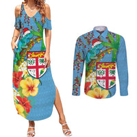 Fijians Iguana Tagimoucia Christmas Couples Matching Summer Maxi Dress and Long Sleeve Button Shirt Christmas Palm Tree and Hibiscus LT03 Blue - Polynesian Pride