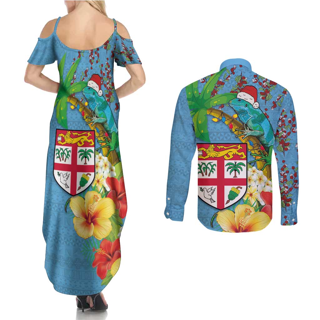 Fijians Iguana Tagimoucia Christmas Couples Matching Summer Maxi Dress and Long Sleeve Button Shirt Christmas Palm Tree and Hibiscus LT03 - Polynesian Pride