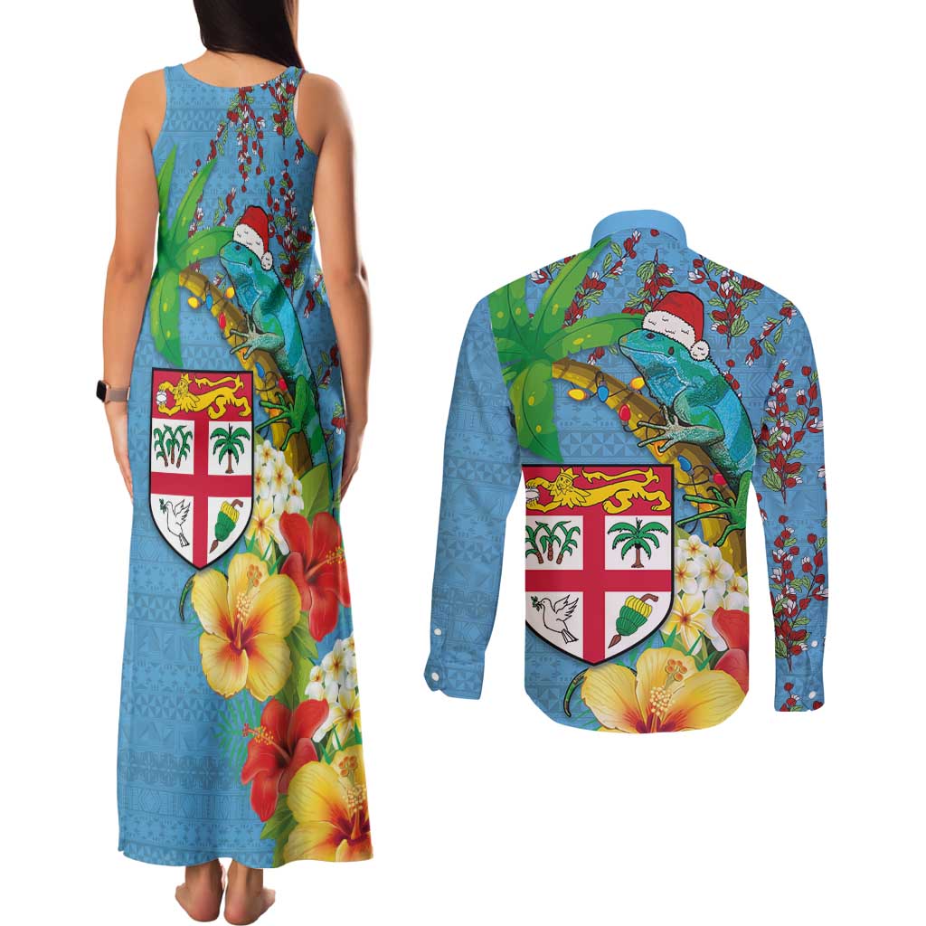 Fijians Iguana Tagimoucia Christmas Couples Matching Tank Maxi Dress and Long Sleeve Button Shirt Christmas Palm Tree and Hibiscus LT03 - Polynesian Pride