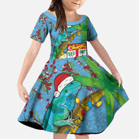Fijians Iguana Tagimoucia Christmas Family Matching Mermaid Dress and Hawaiian Shirt Christmas Palm Tree and Hibiscus LT03 Daughter's Dress Blue - Polynesian Pride