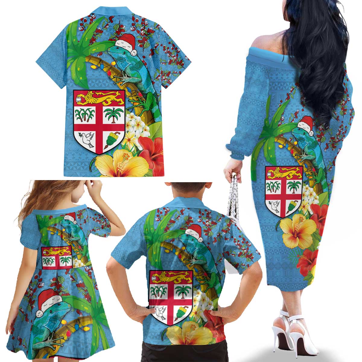 Fijians Iguana Tagimoucia Christmas Family Matching Off The Shoulder Long Sleeve Dress and Hawaiian Shirt Christmas Palm Tree and Hibiscus LT03 - Polynesian Pride