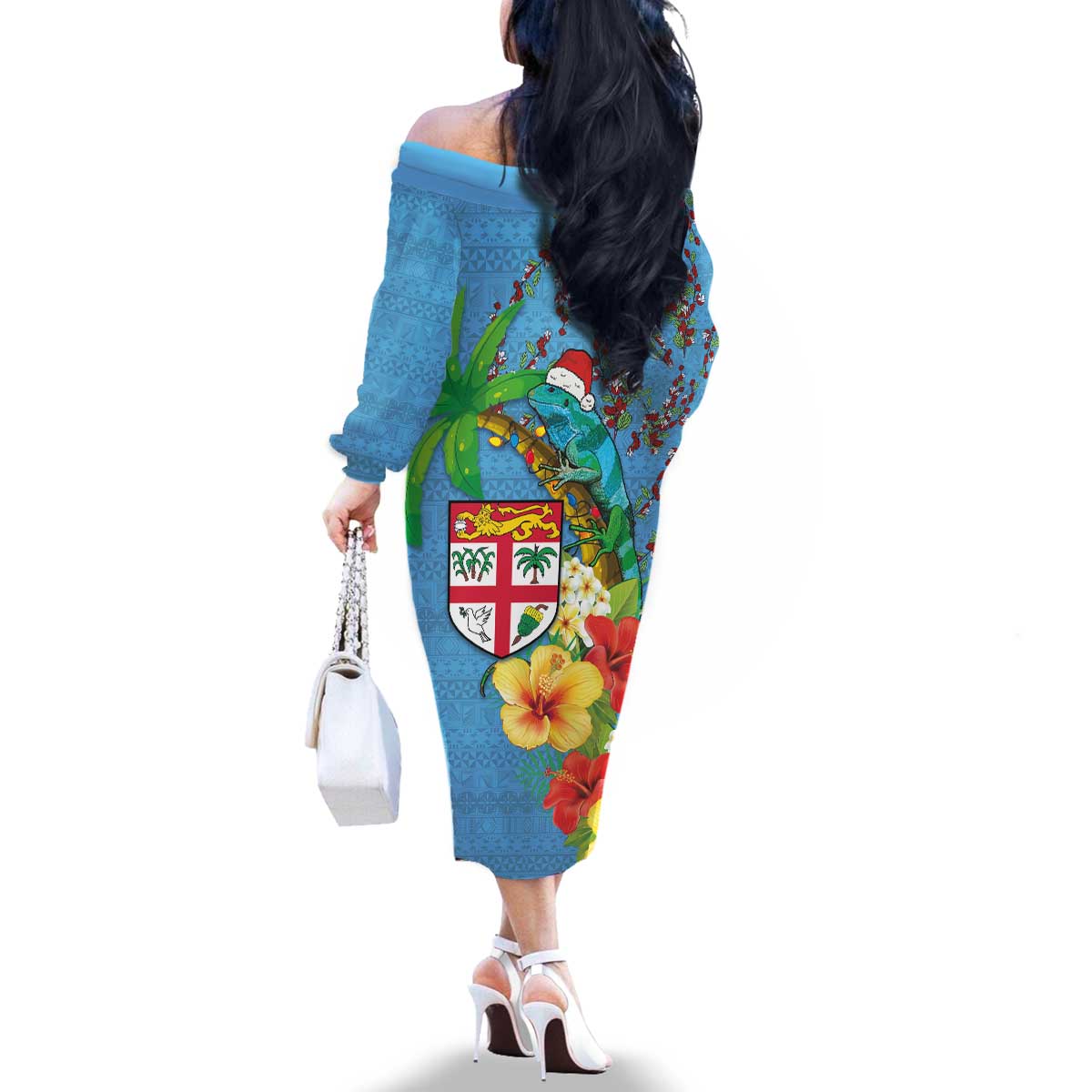 Fijians Iguana Tagimoucia Christmas Family Matching Off The Shoulder Long Sleeve Dress and Hawaiian Shirt Christmas Palm Tree and Hibiscus LT03 - Polynesian Pride