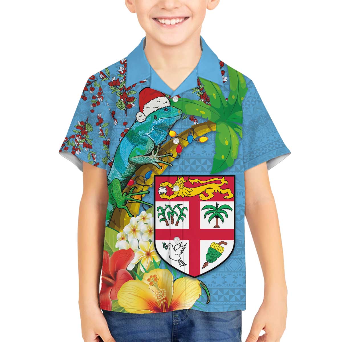 Fijians Iguana Tagimoucia Christmas Family Matching Off The Shoulder Long Sleeve Dress and Hawaiian Shirt Christmas Palm Tree and Hibiscus LT03 Son's Shirt Blue - Polynesian Pride