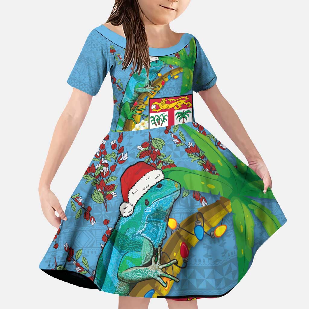 Fijians Iguana Tagimoucia Christmas Family Matching Off Shoulder Maxi Dress and Hawaiian Shirt Christmas Palm Tree and Hibiscus LT03 Daughter's Dress Blue - Polynesian Pride