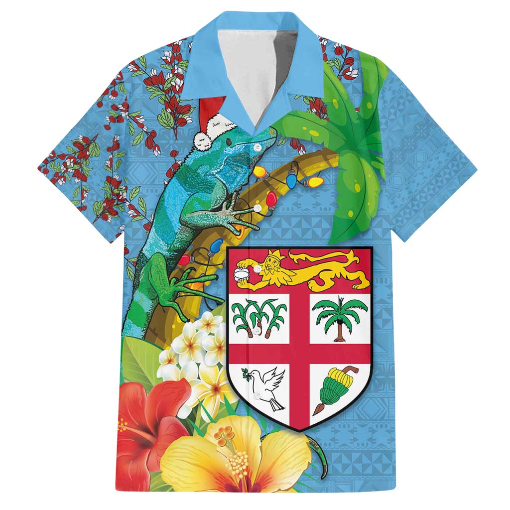 Fijians Iguana Tagimoucia Christmas Family Matching Off Shoulder Maxi Dress and Hawaiian Shirt Christmas Palm Tree and Hibiscus LT03 Dad's Shirt - Short Sleeve Blue - Polynesian Pride