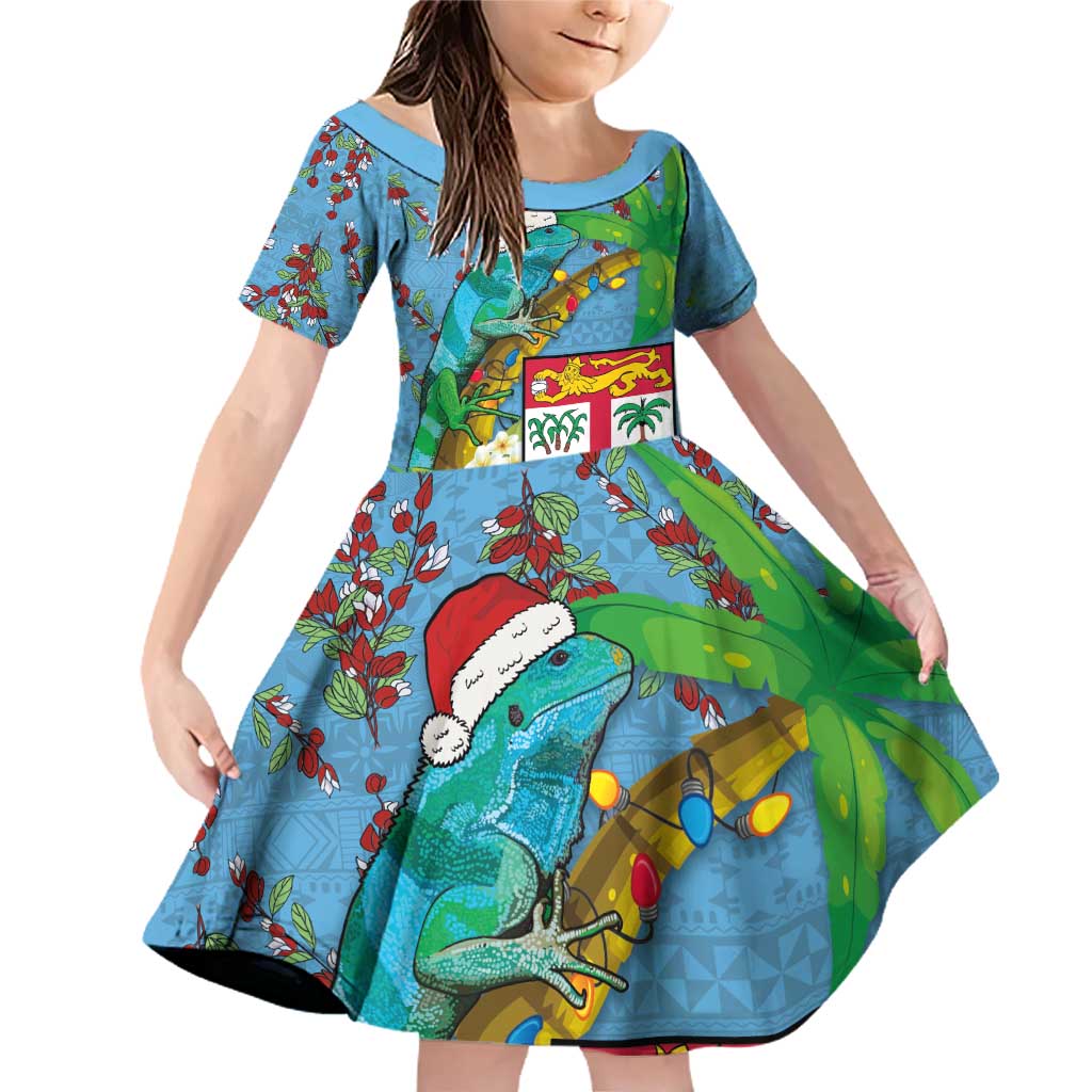 Fijians Iguana Tagimoucia Christmas Family Matching Off Shoulder Short Dress and Hawaiian Shirt Christmas Palm Tree and Hibiscus LT03 Daughter's Dress Blue - Polynesian Pride