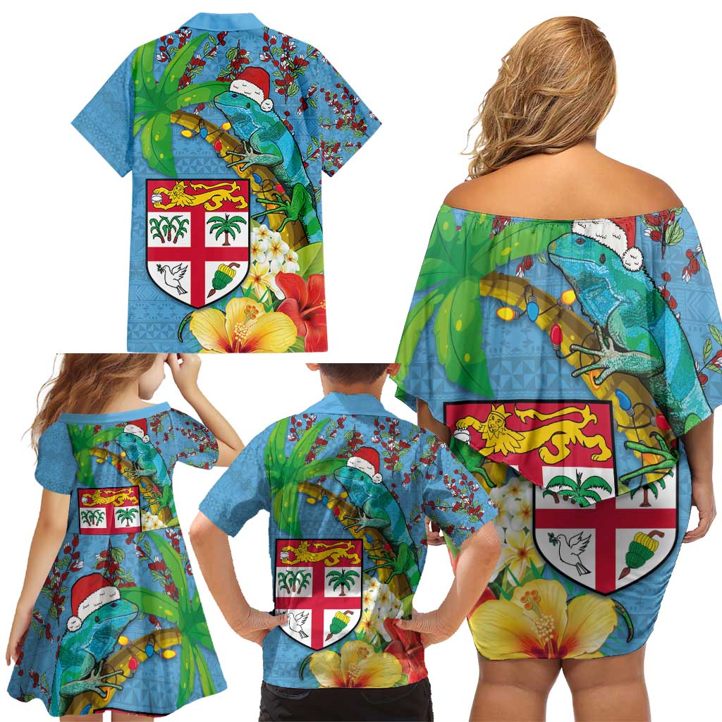 Fijians Iguana Tagimoucia Christmas Family Matching Off Shoulder Short Dress and Hawaiian Shirt Christmas Palm Tree and Hibiscus LT03 - Polynesian Pride