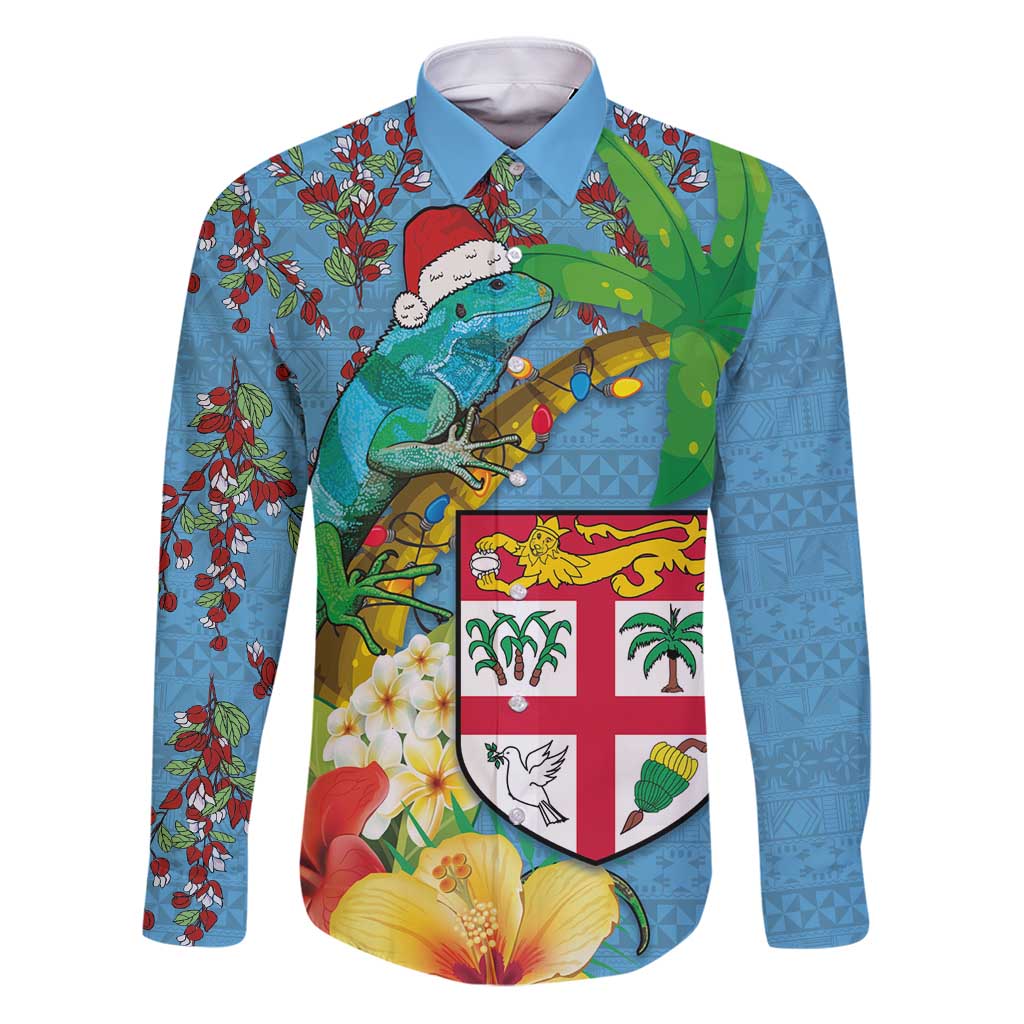 Fijians Iguana Tagimoucia Christmas Family Matching Puletasi and Hawaiian Shirt Christmas Palm Tree and Hibiscus LT03 Dad's Shirt - Long Sleeve Blue - Polynesian Pride
