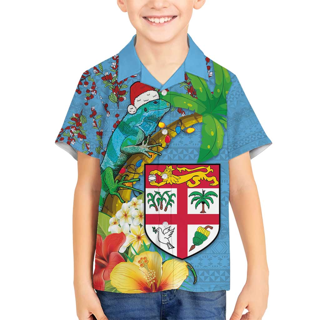 Fijians Iguana Tagimoucia Christmas Family Matching Puletasi and Hawaiian Shirt Christmas Palm Tree and Hibiscus LT03 Son's Shirt Blue - Polynesian Pride