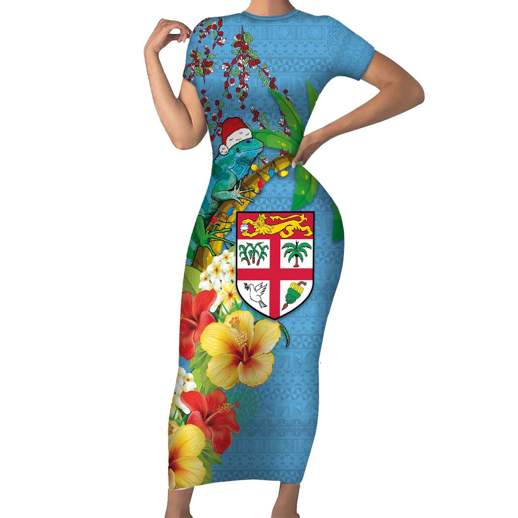 Fijians Iguana Tagimoucia Christmas Family Matching Short Sleeve Bodycon Dress and Hawaiian Shirt Christmas Palm Tree and Hibiscus LT03 Mom's Dress Blue - Polynesian Pride