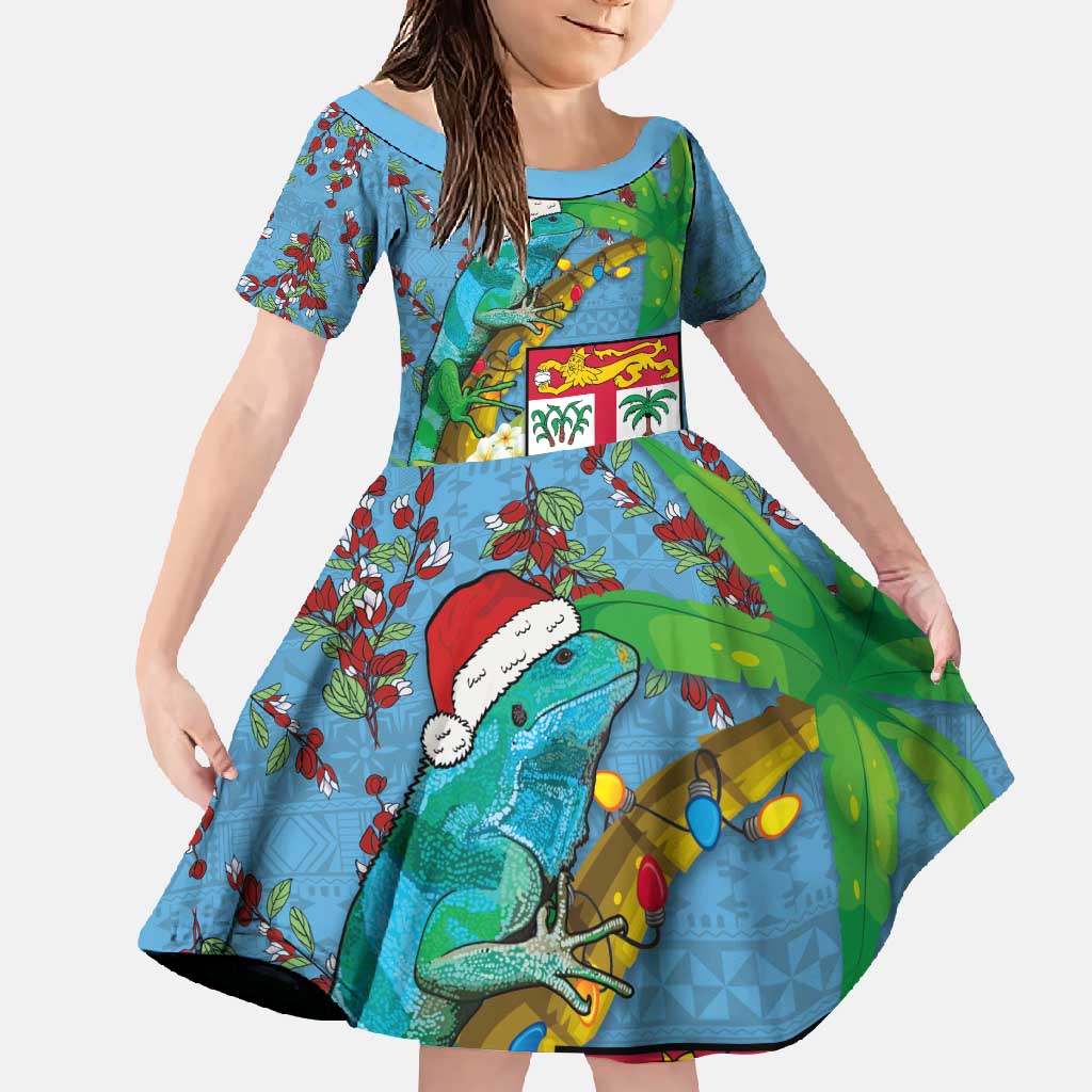 Fijians Iguana Tagimoucia Christmas Family Matching Tank Maxi Dress and Hawaiian Shirt Christmas Palm Tree and Hibiscus LT03 Daughter's Dress Blue - Polynesian Pride