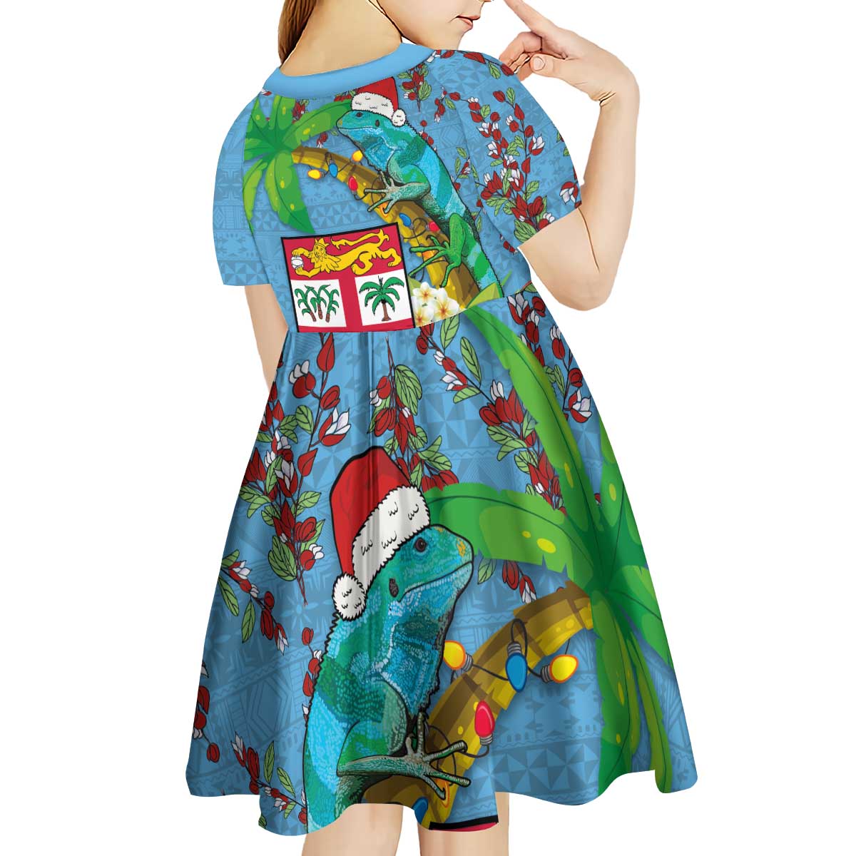 Fijians Iguana Tagimoucia Christmas Kid Short Sleeve Dress Christmas Palm Tree and Hibiscus LT03 - Polynesian Pride