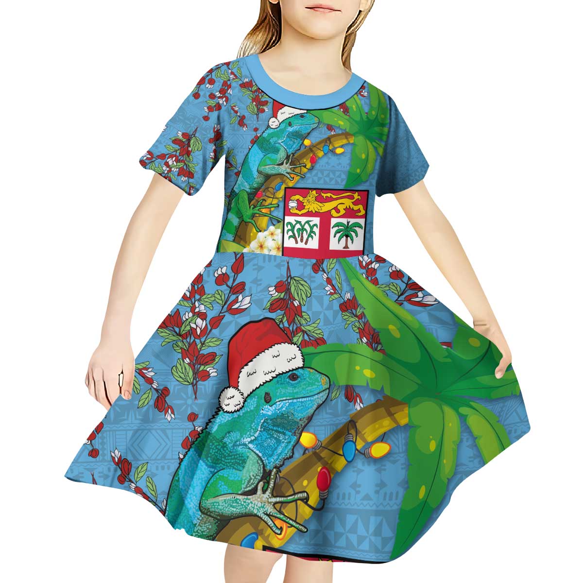 Fijians Iguana Tagimoucia Christmas Kid Short Sleeve Dress Christmas Palm Tree and Hibiscus LT03 - Polynesian Pride