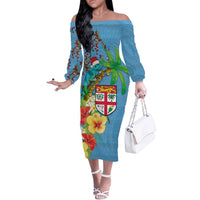 Fijians Iguana Tagimoucia Christmas Off The Shoulder Long Sleeve Dress Christmas Palm Tree and Hibiscus LT03 Women Blue - Polynesian Pride