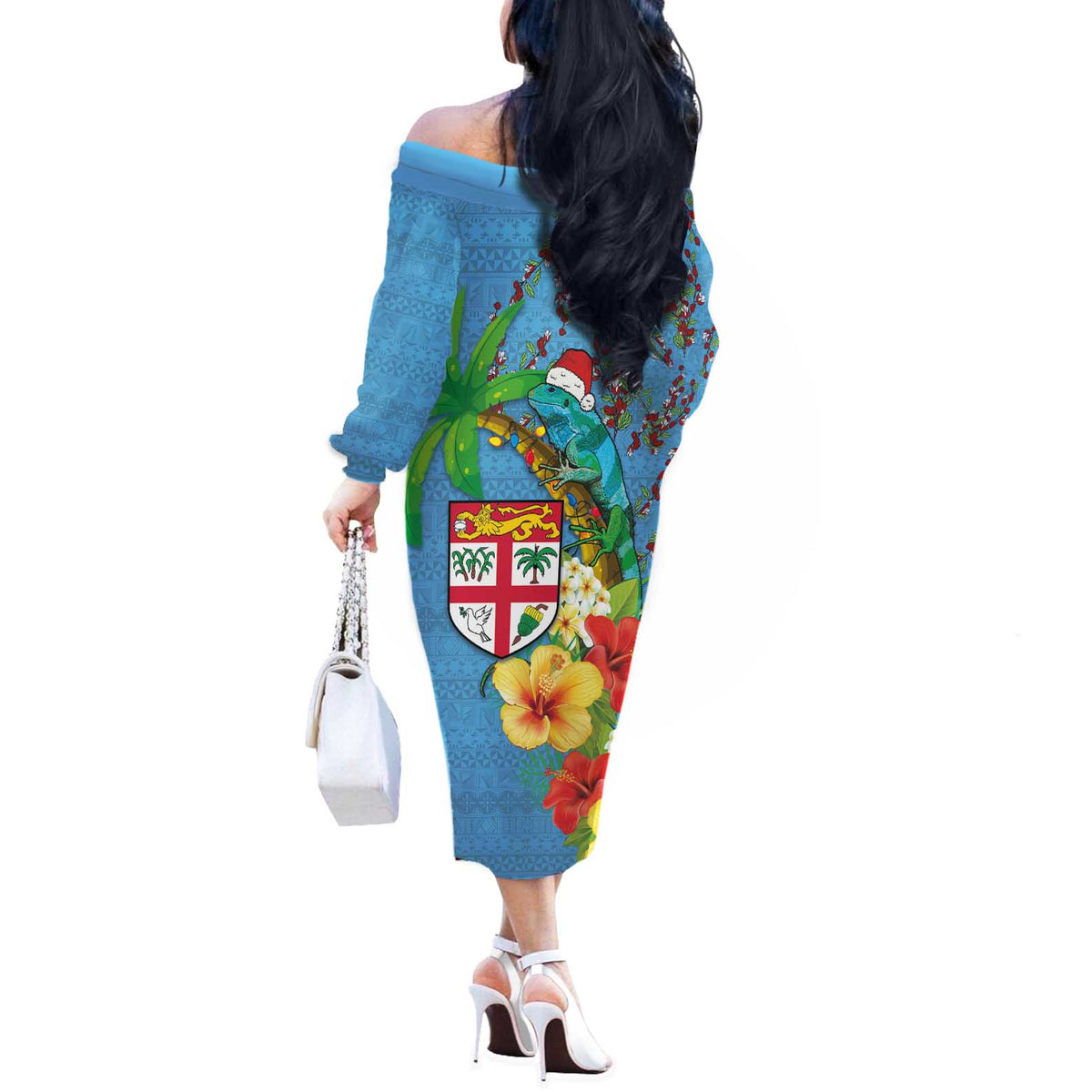 Fijians Iguana Tagimoucia Christmas Off The Shoulder Long Sleeve Dress Christmas Palm Tree and Hibiscus LT03 - Polynesian Pride