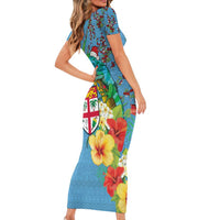 Fijians Iguana Tagimoucia Christmas Short Sleeve Bodycon Dress Christmas Palm Tree and Hibiscus LT03 - Polynesian Pride