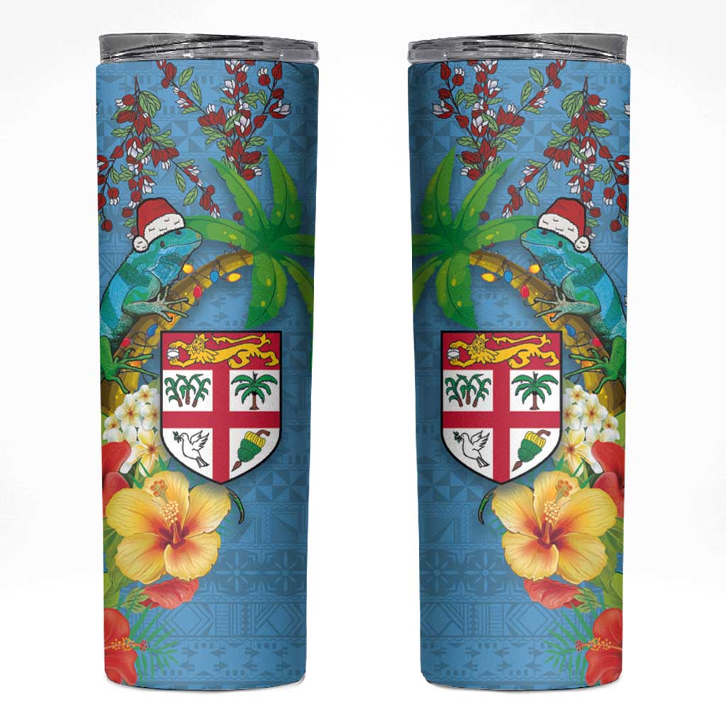Fijians Iguana Tagimoucia Christmas Skinny Tumbler Christmas Palm Tree and Hibiscus LT03 Blue - Polynesian Pride