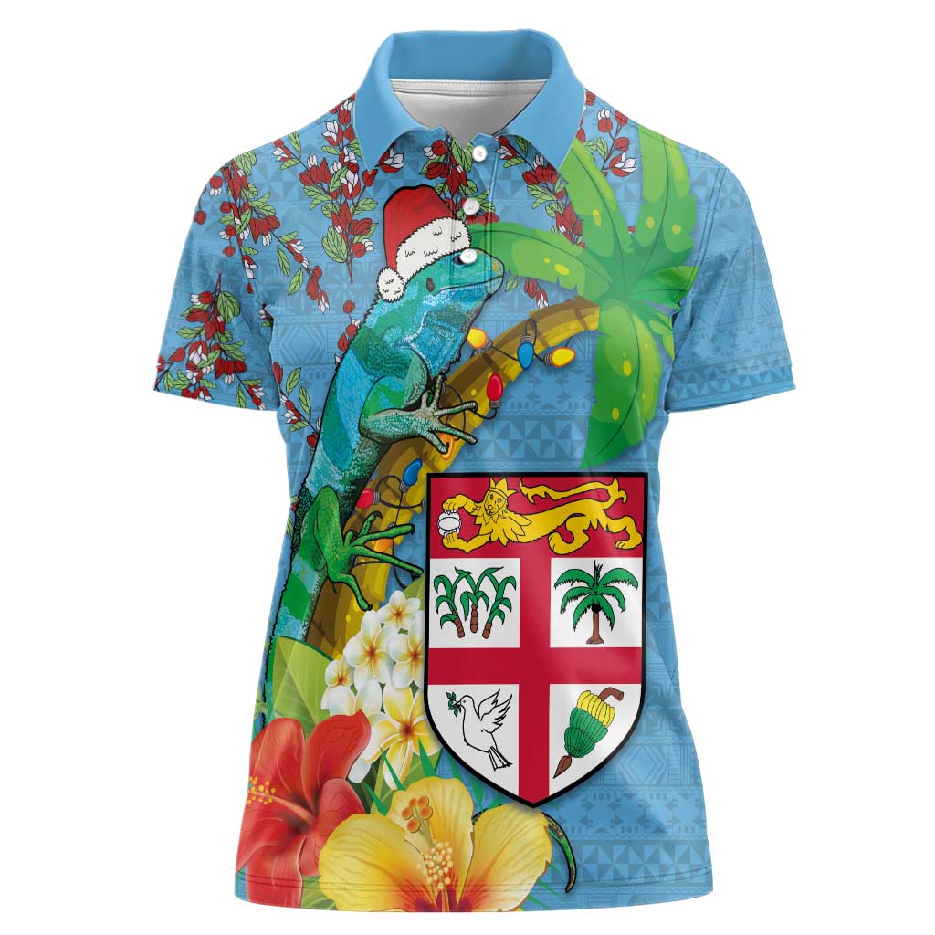 Fijians Iguana Tagimoucia Christmas Women Polo Shirt Christmas Palm Tree and Hibiscus LT03 Female Blue - Polynesian Pride
