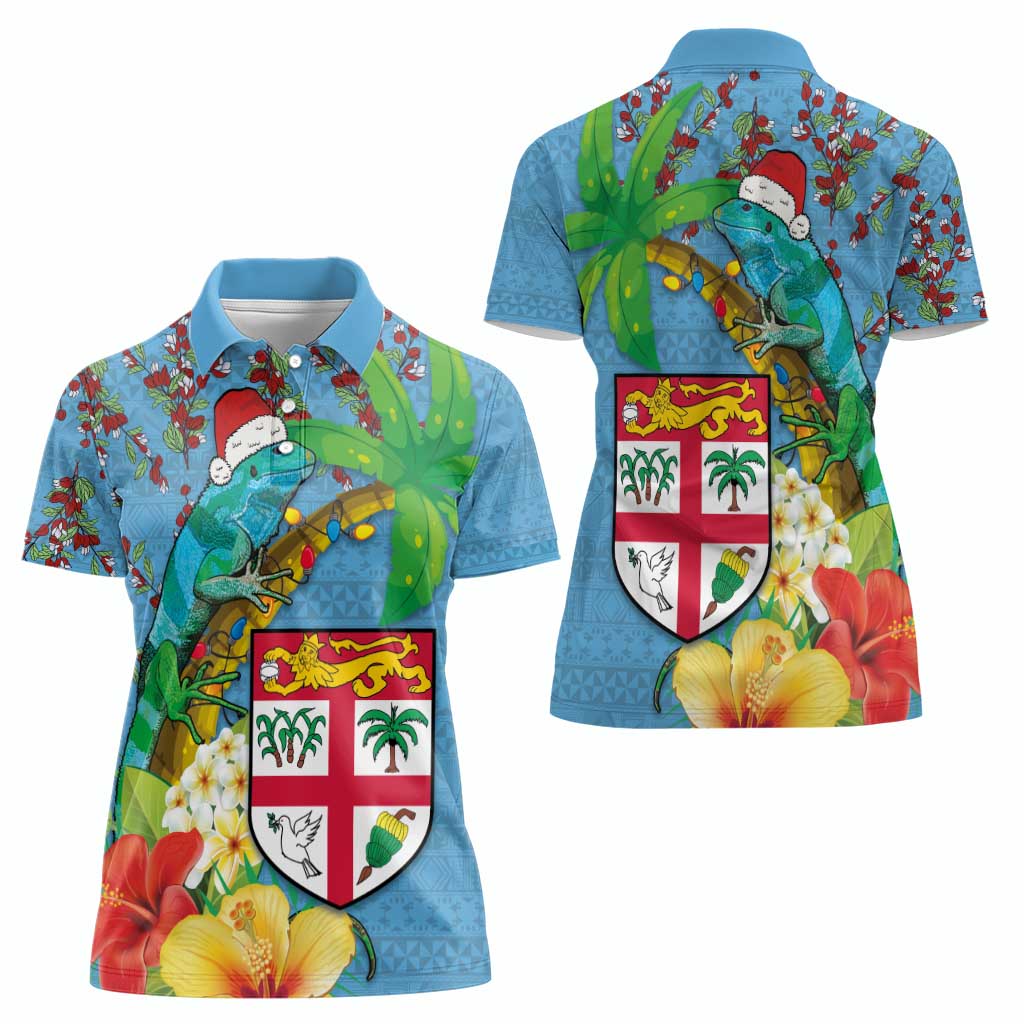 Fijians Iguana Tagimoucia Christmas Women Polo Shirt Christmas Palm Tree and Hibiscus LT03 - Polynesian Pride