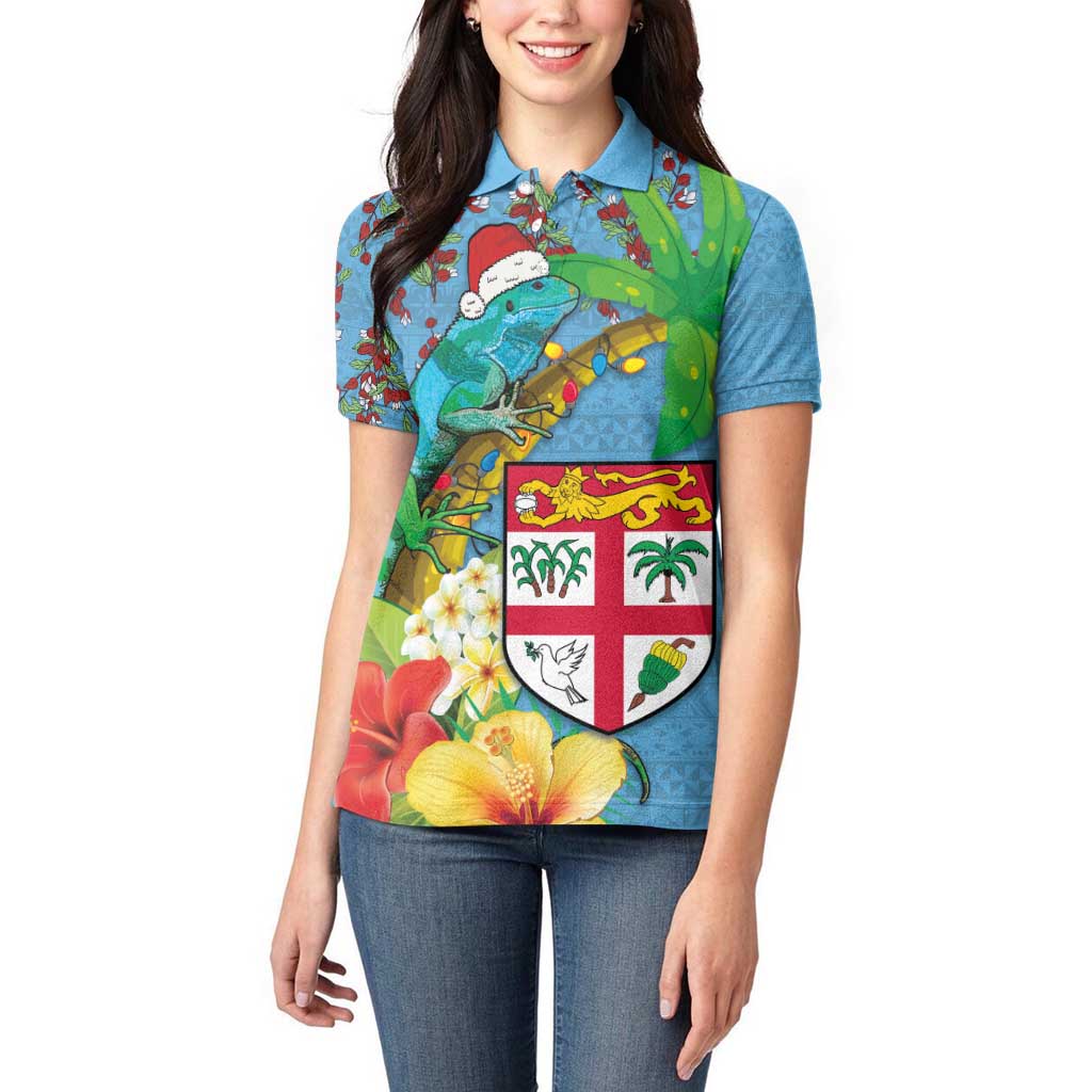 Fijians Iguana Tagimoucia Christmas Women Polo Shirt Christmas Palm Tree and Hibiscus LT03 - Polynesian Pride