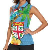 Fijians Iguana Tagimoucia Christmas Women Sleeveless Polo Shirt Christmas Palm Tree and Hibiscus LT03 - Polynesian Pride