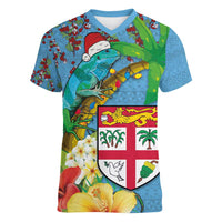 Fijians Iguana Tagimoucia Christmas Women V-Neck T-Shirt Christmas Palm Tree and Hibiscus LT03 Female Blue - Polynesian Pride