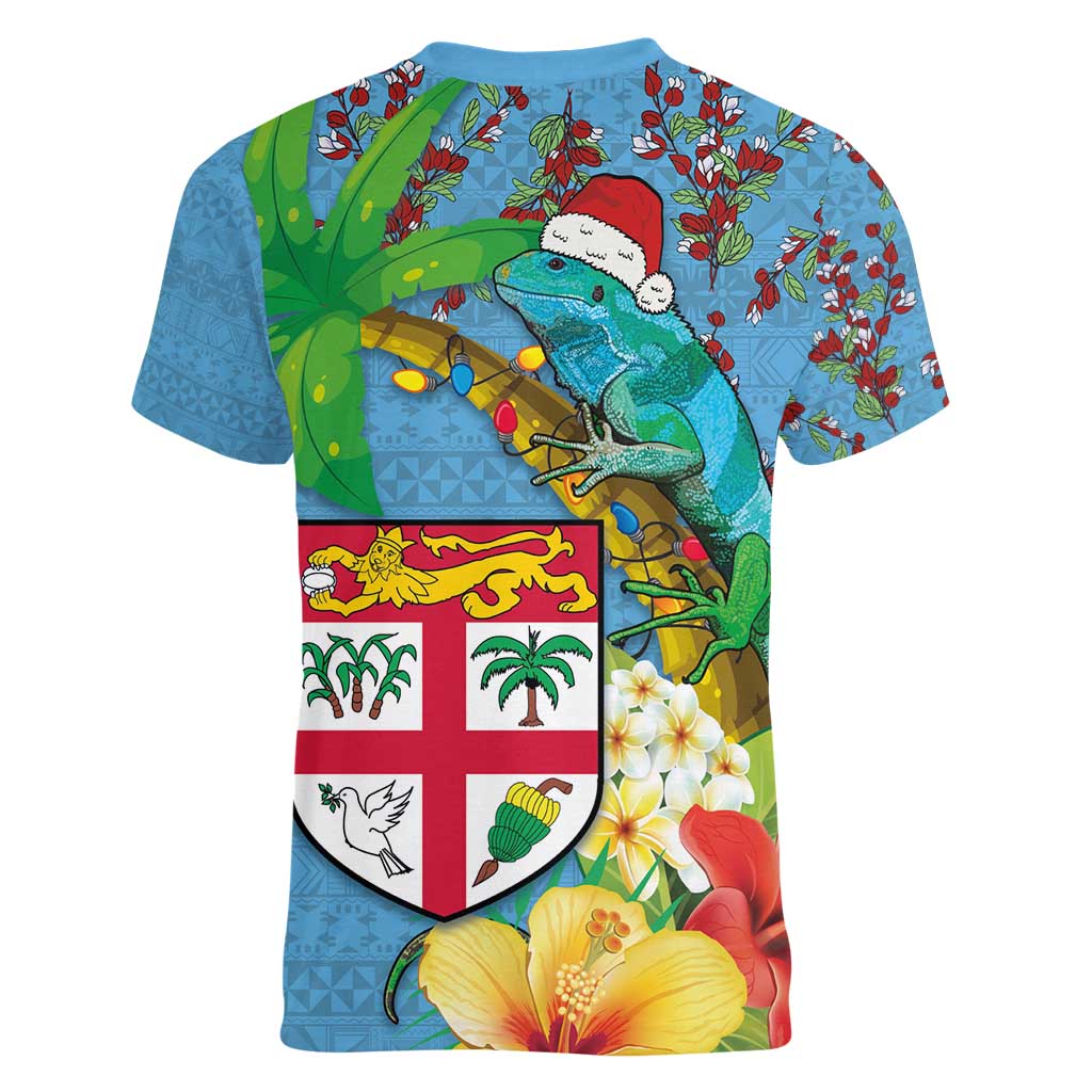 Fijians Iguana Tagimoucia Christmas Women V-Neck T-Shirt Christmas Palm Tree and Hibiscus LT03 - Polynesian Pride
