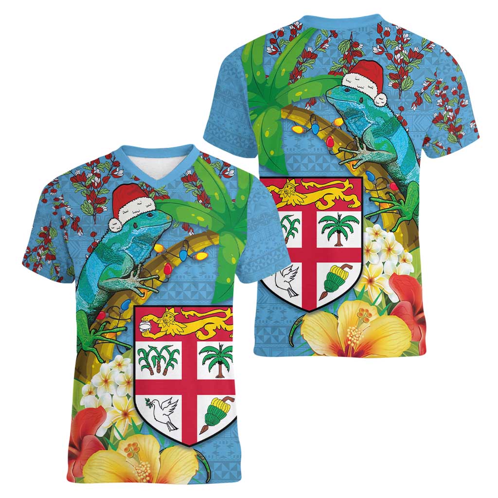 Fijians Iguana Tagimoucia Christmas Women V-Neck T-Shirt Christmas Palm Tree and Hibiscus LT03 - Polynesian Pride