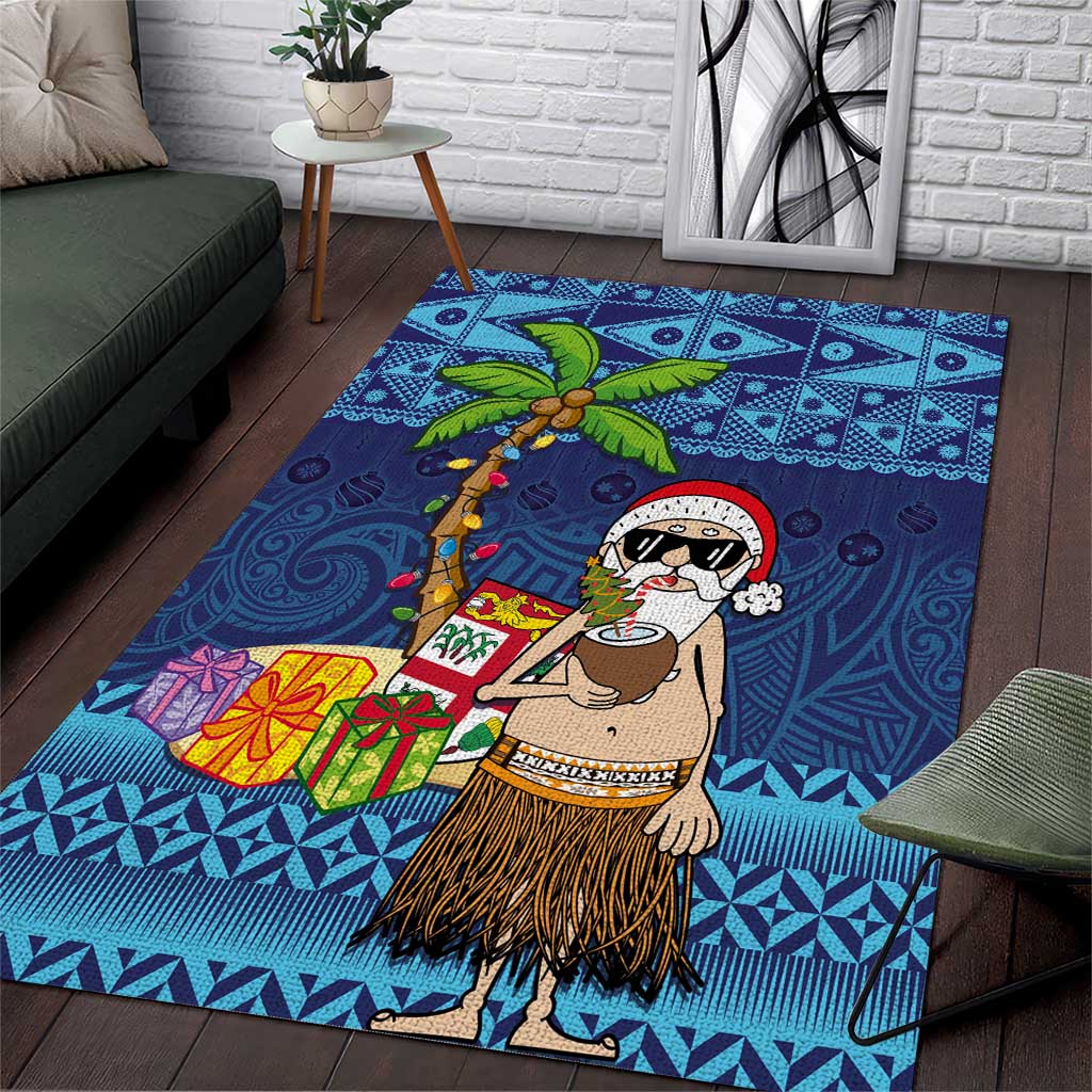The Funny Santa Wears Sulu Christmas Area Rug Fijian Christmas Palm Tree With Masi Art Tattoo LT03 Blue - Polynesian Pride