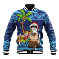 The Funny Santa Wears Sulu Christmas Baseball Jacket Fijian Christmas Palm Tree With Masi Art Tattoo LT03 Unisex Blue - Polynesian Pride
