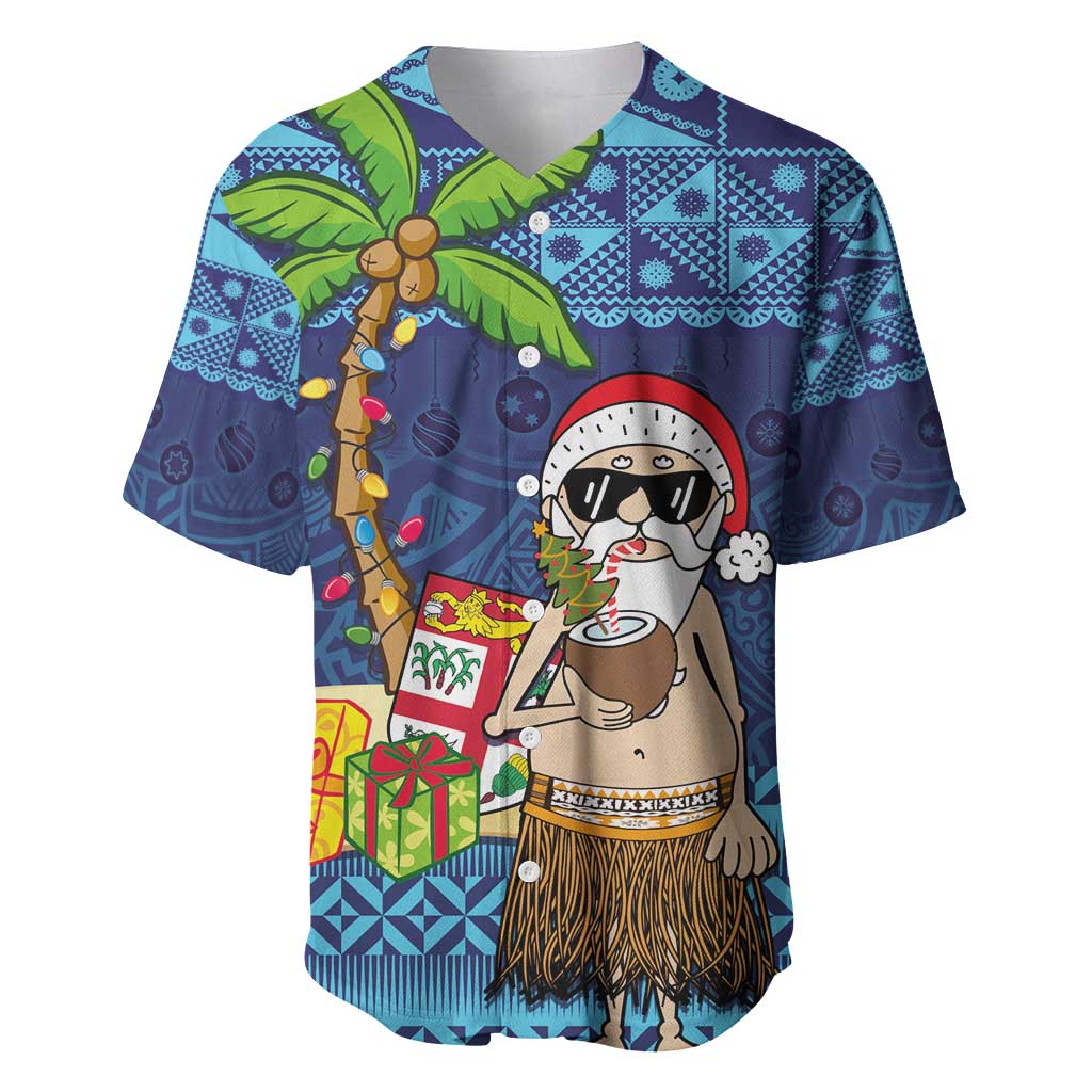 The Funny Santa Wears Sulu Christmas Baseball Jersey Fijian Christmas Palm Tree With Masi Art Tattoo LT03 Blue - Polynesian Pride