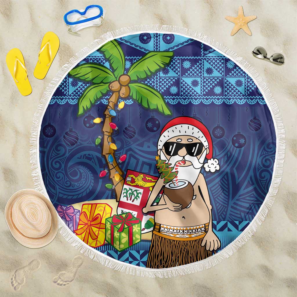 The Funny Santa Wears Sulu Christmas Beach Blanket Fijian Christmas Palm Tree With Masi Art Tattoo LT03 One Size 150cm Blue - Polynesian Pride