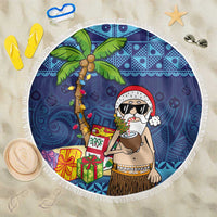 The Funny Santa Wears Sulu Christmas Beach Blanket Fijian Christmas Palm Tree With Masi Art Tattoo LT03 One Size 150cm Blue - Polynesian Pride