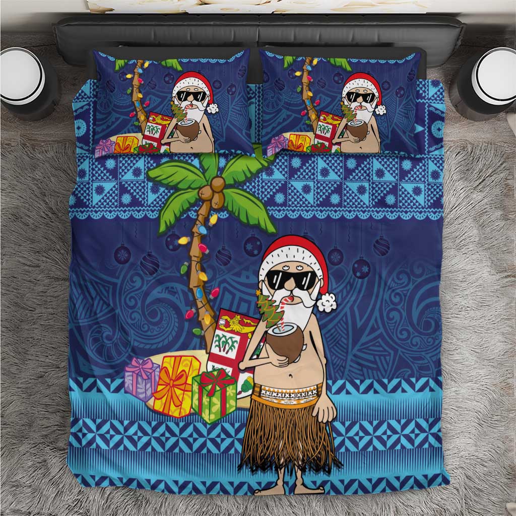 The Funny Santa Wears Sulu Christmas Bedding Set Fijian Christmas Palm Tree With Masi Art Tattoo LT03 Blue - Polynesian Pride