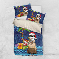The Funny Santa Wears Sulu Christmas Bedding Set Fijian Christmas Palm Tree With Masi Art Tattoo LT03 US Twin 172cm x 218cm Blue - Polynesian Pride
