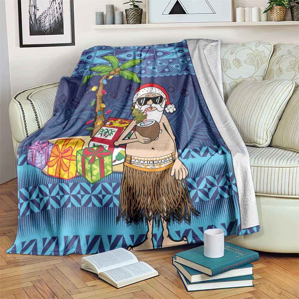 The Funny Santa Wears Sulu Christmas Blanket Fijian Christmas Palm Tree With Masi Art Tattoo LT03 Blue - Polynesian Pride