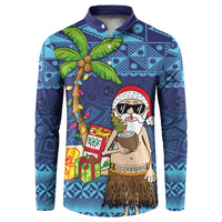 The Funny Santa Wears Sulu Christmas Button Sweatshirt Fijian Christmas Palm Tree With Masi Art Tattoo LT03 Blue - Polynesian Pride