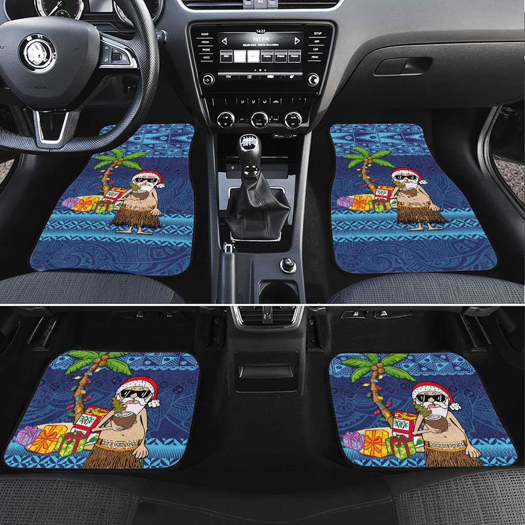 The Funny Santa Wears Sulu Christmas Car Mats Fijian Christmas Palm Tree With Masi Art Tattoo LT03 Set 4pcs Blue - Polynesian Pride