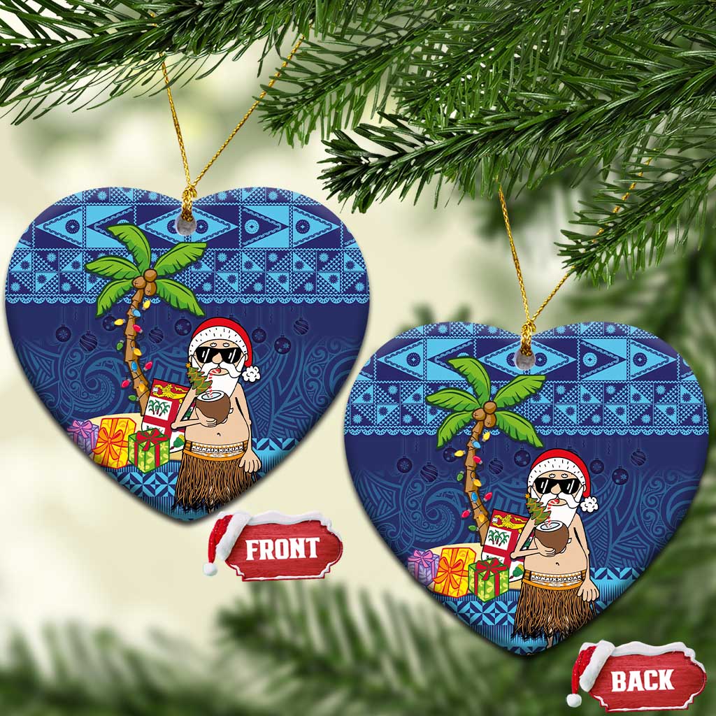 The Funny Santa Wears Sulu Christmas Ceramic Ornament Fijian Christmas Palm Tree With Masi Art Tattoo LT03 Heart Blue - Polynesian Pride