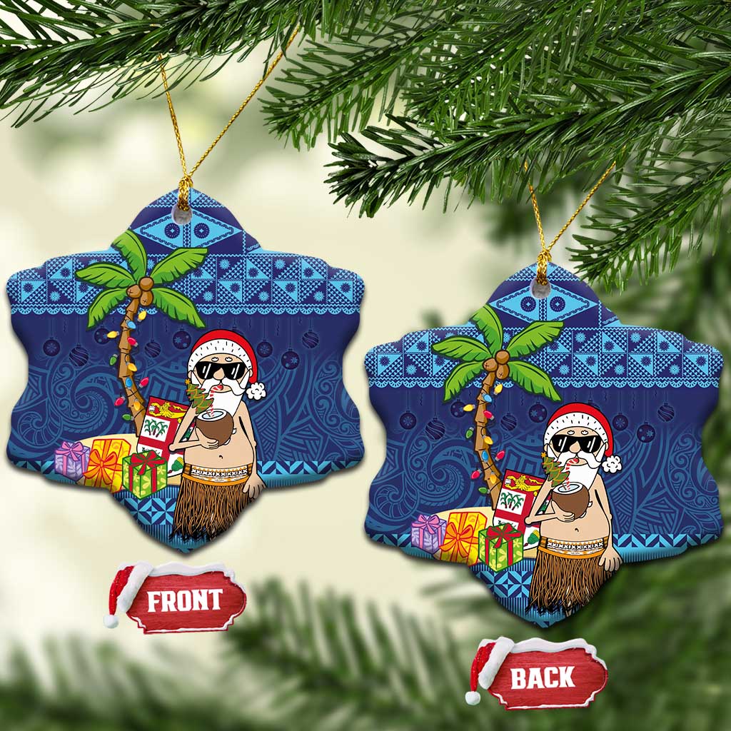 The Funny Santa Wears Sulu Christmas Ceramic Ornament Fijian Christmas Palm Tree With Masi Art Tattoo LT03 Snow Flake Blue - Polynesian Pride