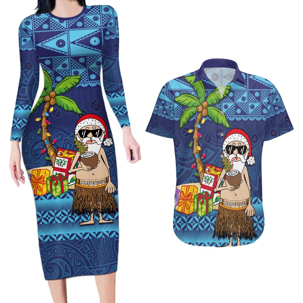 The Funny Santa Wears Sulu Christmas Couples Matching Long Sleeve Bodycon Dress and Hawaiian Shirt Fijian Christmas Palm Tree With Masi Art Tattoo LT03 Blue - Polynesian Pride