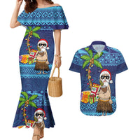The Funny Santa Wears Sulu Christmas Couples Matching Mermaid Dress and Hawaiian Shirt Fijian Christmas Palm Tree With Masi Art Tattoo LT03 Blue - Polynesian Pride
