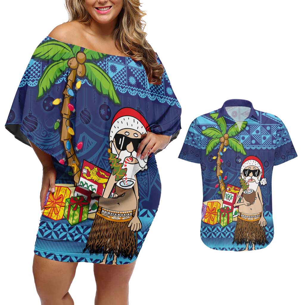 The Funny Santa Wears Sulu Christmas Couples Matching Off Shoulder Short Dress and Hawaiian Shirt Fijian Christmas Palm Tree With Masi Art Tattoo LT03 Blue - Polynesian Pride