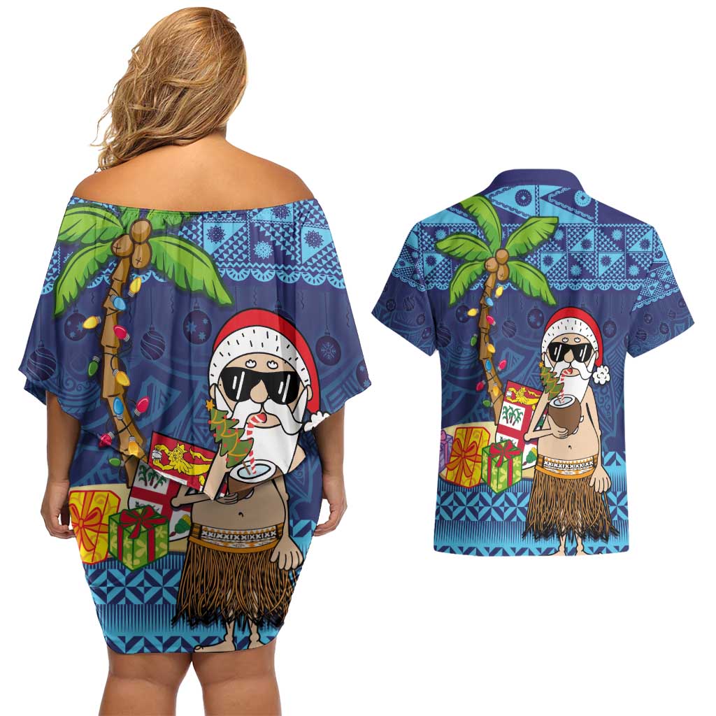 The Funny Santa Wears Sulu Christmas Couples Matching Off Shoulder Short Dress and Hawaiian Shirt Fijian Christmas Palm Tree With Masi Art Tattoo LT03 - Polynesian Pride