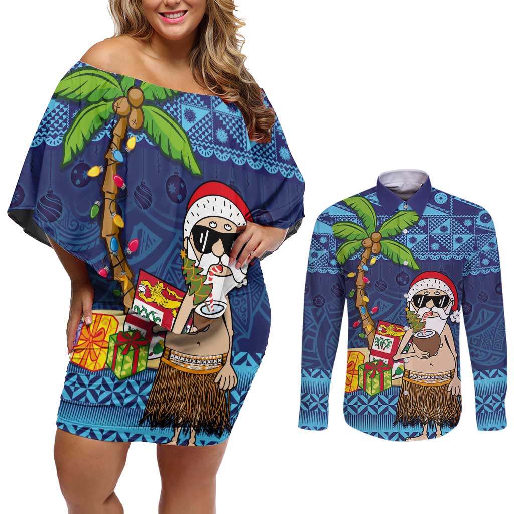 The Funny Santa Wears Sulu Christmas Couples Matching Off Shoulder Short Dress and Long Sleeve Button Shirt Fijian Christmas Palm Tree With Masi Art Tattoo LT03 Blue - Polynesian Pride